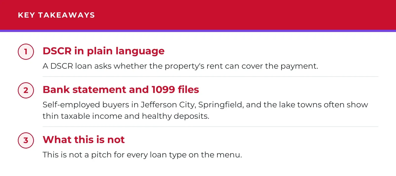 Key takeaways: DSCR in plain language, bank statement and 1099 files, and what this is not