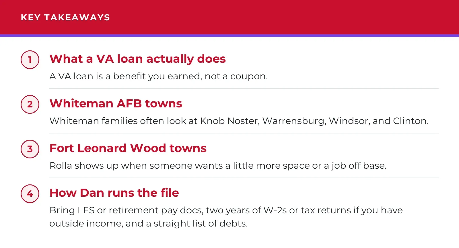 Key takeaways: what a VA loan actually does, Whiteman AFB towns, Fort Leonard Wood towns, and how Dan runs the file